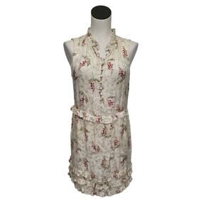 Rebecca Taylor Ivie‎ Floral Silk Blend Ruffle Dress Size 2 Ivory Pink Green